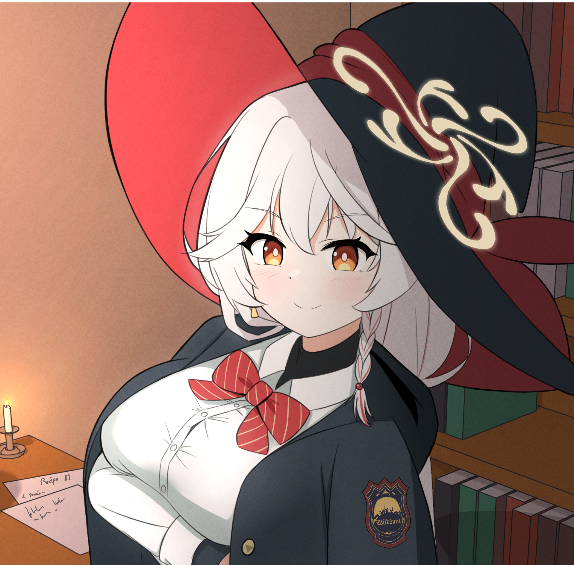 eri (blue archive), blue archive, book, bookshelf, bow, bowtie, braid, candle, chomgae, coat, coat on shoulders, crossed arms, earrings, halo, hat, jacket, jewelry, letter, long coat, long hair, orange eyes, orb, room, shirt, skirt, stool, sweater, white hair, witch hat