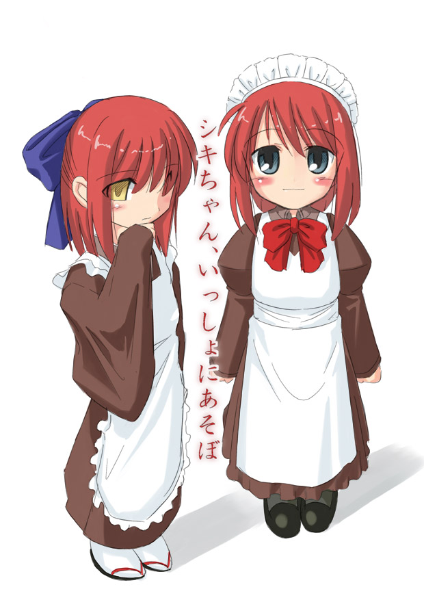 tamu-v, tamu (mad works), hisui (tsukihime), kohaku (tsukihime), tsukihime, type-moon, translated, 00s, 2girls, apron, blue eyes, blush, bow, chibi, chibi only, half updo, maid, maid apron, multiple girls, red hair, ribbon, short hair, siblings, sisters, twins, yellow eyes