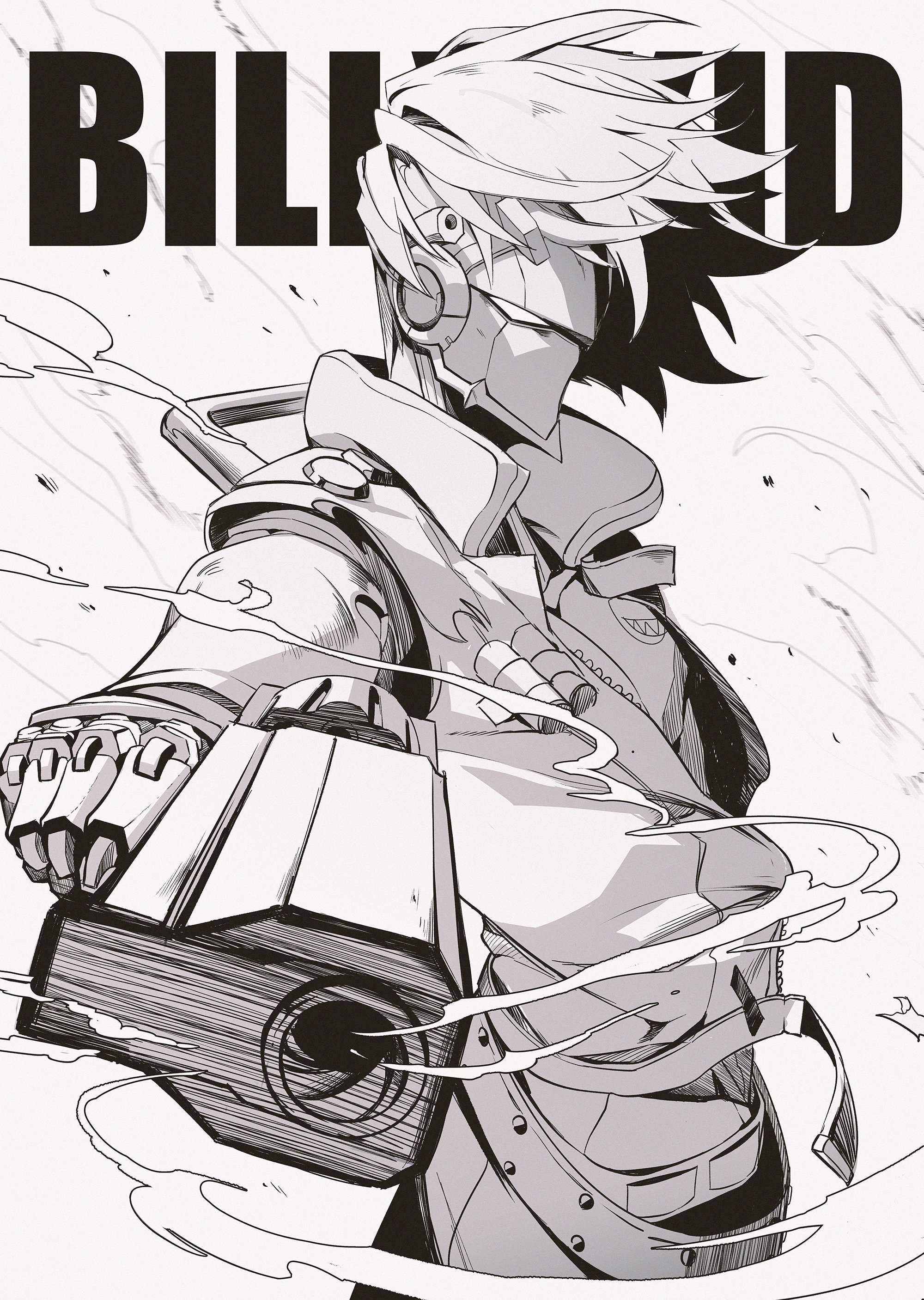 billy kid, zenless zone zero, absurdres, commentary, hashtag-only commentary, highres, 1boy, aiming, aiming at viewer, belt, character name, collared jacket, cowboy shot, floating hair, greyscale, gun, holding, holding gun, holding weapon, jacket, like0629521, male focus, monochrome, outstretched arm, pants, popped collar, short hair, smoke, solo, studded belt, weapon