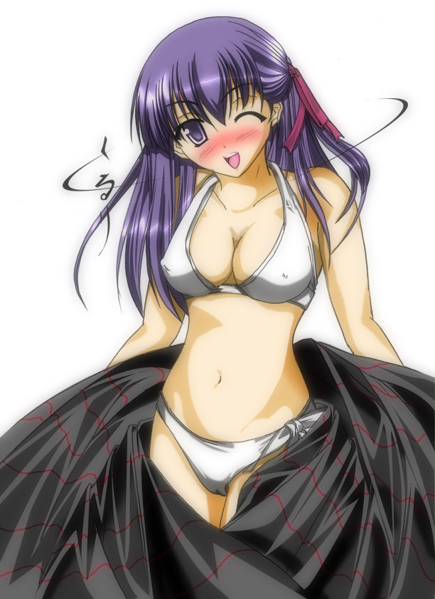 matou sakura, fate/stay night, fate (series), 00s, 1girl, bikini, blush, breasts, cameltoe, cleavage, covered erect nipples, female focus, large breasts, long hair, one eye closed, purple eyes, purple hair, simple background, solo, swimsuit, white background, white bikini, wink