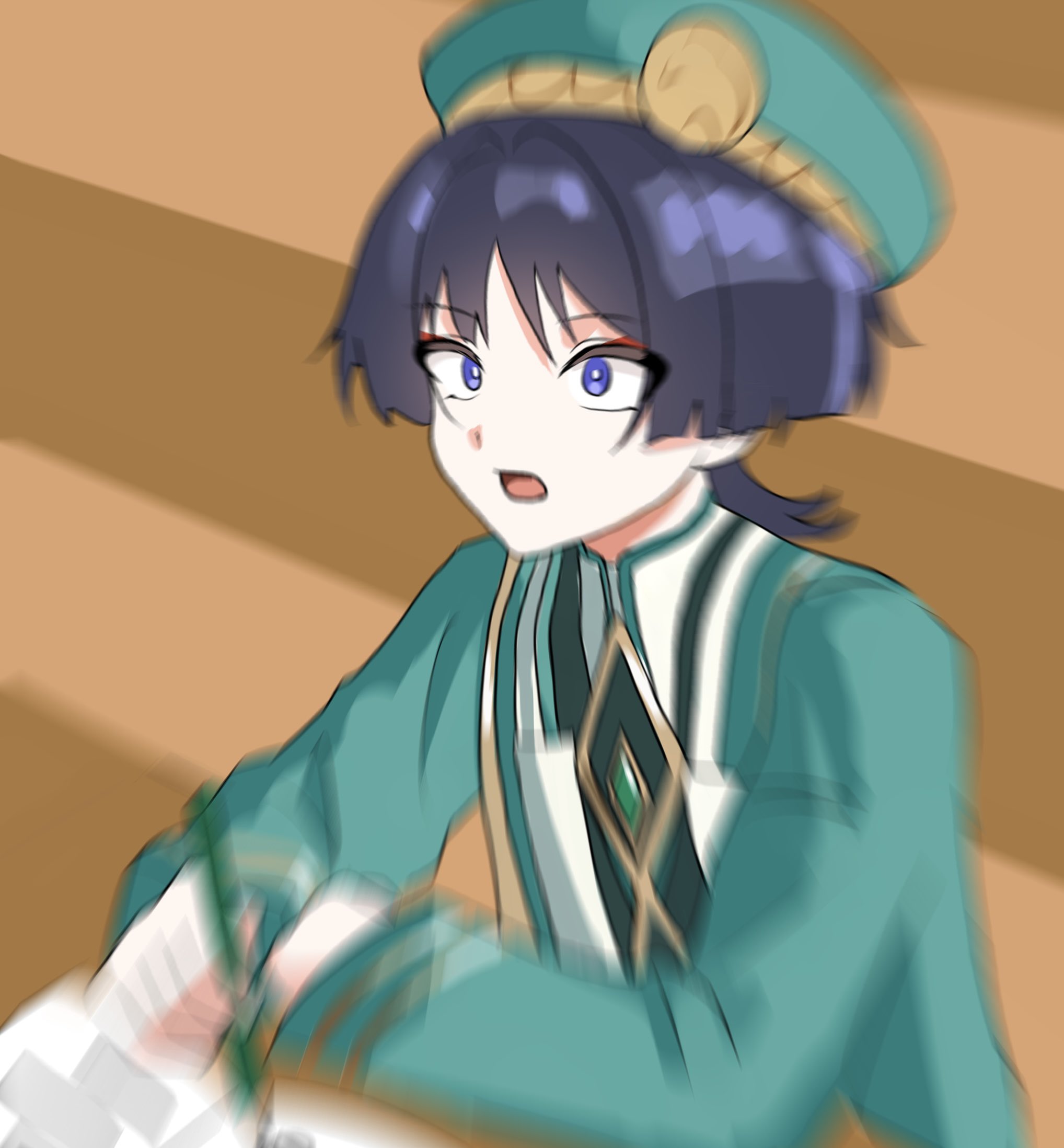 meppe me, scaramouche (genshin impact), genshin impact, highres, 1boy, akademiya uniform, alternate costume, arm rest, beret, blunt ends, blurry, book, bright pupils, chest jewel, coat, depth of field, eyeliner, eyeshadow, gem, gold, gold trim, green coat, green gemstone, green hat, green sleeves, hat, holding, holding pencil, long sleeves, makeup, male focus, open book, open mouth, pencil, purple eyes, realization, red eyeliner, red eyeshadow, sitting, solo, white pupils, wide-eyed, wispy bangs