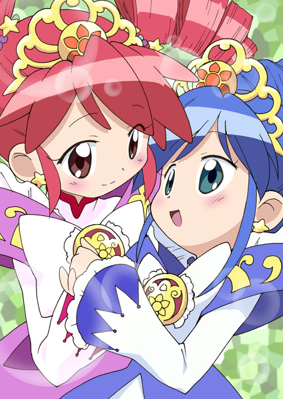 fine (futagohime), fine (prominence dress up) (futagohime), rein (futagohime), rein (prominence dress up) (futagohime), fushigiboshi no futago hime, 00s, 2girls, blush, dress, multiple girls, smile, tiara