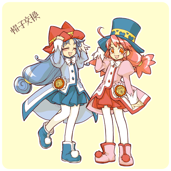 fine (futagohime), rein (futagohime), fushigiboshi no futago hime, white legwear, 2girls, :d, ^ ^, ahoge, animal hat, arms up, blue hair, blush, boots, bow, bowtie, buttons, closed eyes, cosplay, costume switch, flat chest, frills, fur trim, hand on headwear, hands on headwear, happy, hat, heart, leg lift, long hair, looking at viewer, miniskirt, multiple girls, open mouth, pantyhose, parted bangs, pleated skirt, ponytail, red eyes, red hair, red skirt, scrunchie, simple background, skirt, smile, standing, standing on one leg, swept bangs, top hat, twintails, very long hair, yellow background