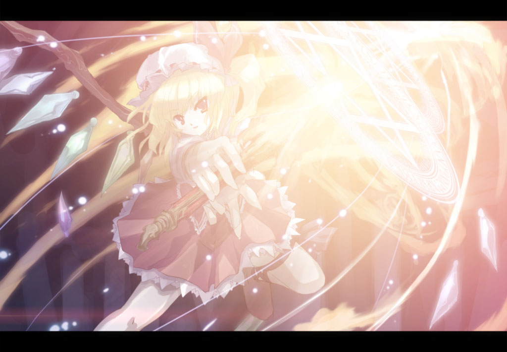 tokiame, flandre scarlet, touhou, 1girl, blonde hair, female focus, fire, flaming sword, flaming weapon, hat, hat ribbon, laevatein, letterboxed, magic circle, ponytail, red eyes, ribbon, short hair, side ponytail, solo, sword, weapon, wings