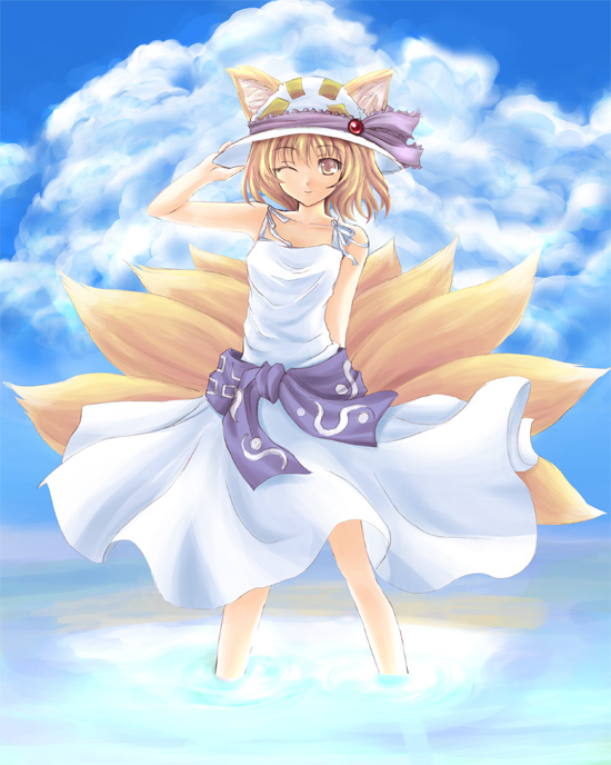 tateha (marvelous grace), yakumo ran, touhou, 1girl, alternate costume, animal ears, blonde hair, cloud, contemporary, day, dress, ears through headwear, female focus, fox ears, fox tail, hat, kitsune, kyuubi, multiple tails, solo, sundress, tail