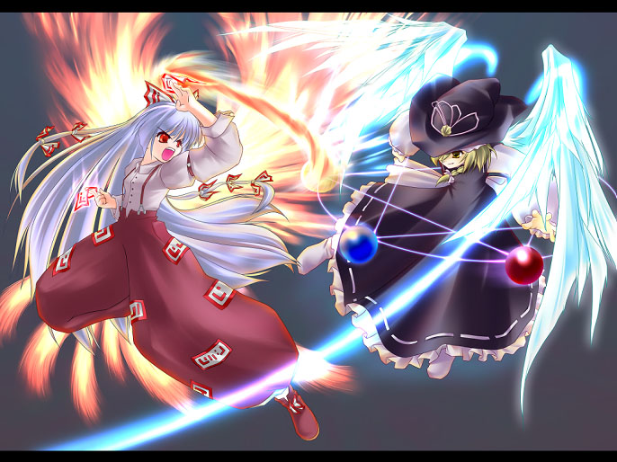 suematsu jerry, fujiwara no mokou, kirisame marisa, kirisame marisa (seihou), seihou, touhou, 2girls, battle, blonde hair, bow, female focus, fiery wings, fire, hat, letterboxed, magic circle, multiple girls, ofuda, skirt, suspenders, wings, witch hat