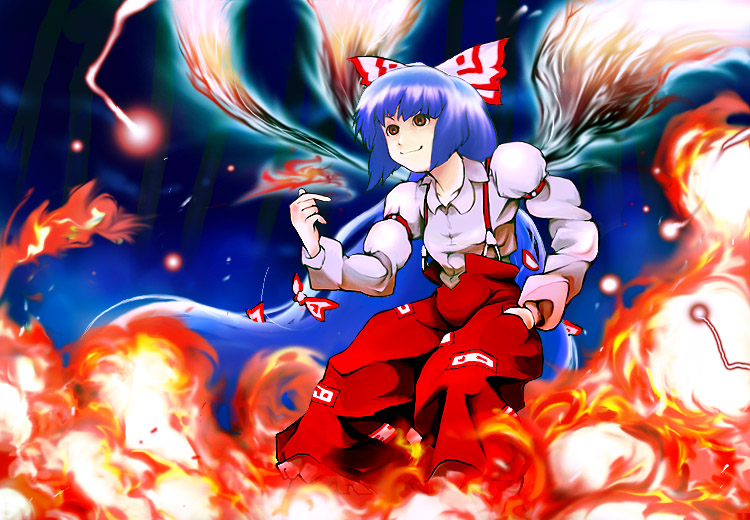 sato, sato (hekiga ni nemuru), fujiwara no mokou, touhou, 1girl, bamboo, blue hair, female focus, fire, hair ribbon, hand in pocket, long hair, looking up, night, pants, red eyes, ribbon, shirt, smile, solo, suspenders, tress ribbon, very long hair, white shirt