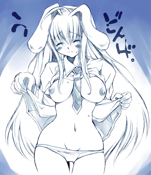 reisen udongein inaba, touhou, 1girl, animal ears, between breasts, breasts, closed eyes, female focus, long hair, lowleg, lowleg panties, monochrome, necktie, necktie between breasts, nipples, open clothes, open shirt, panties, rabbit ears, shirt, solo, underwear