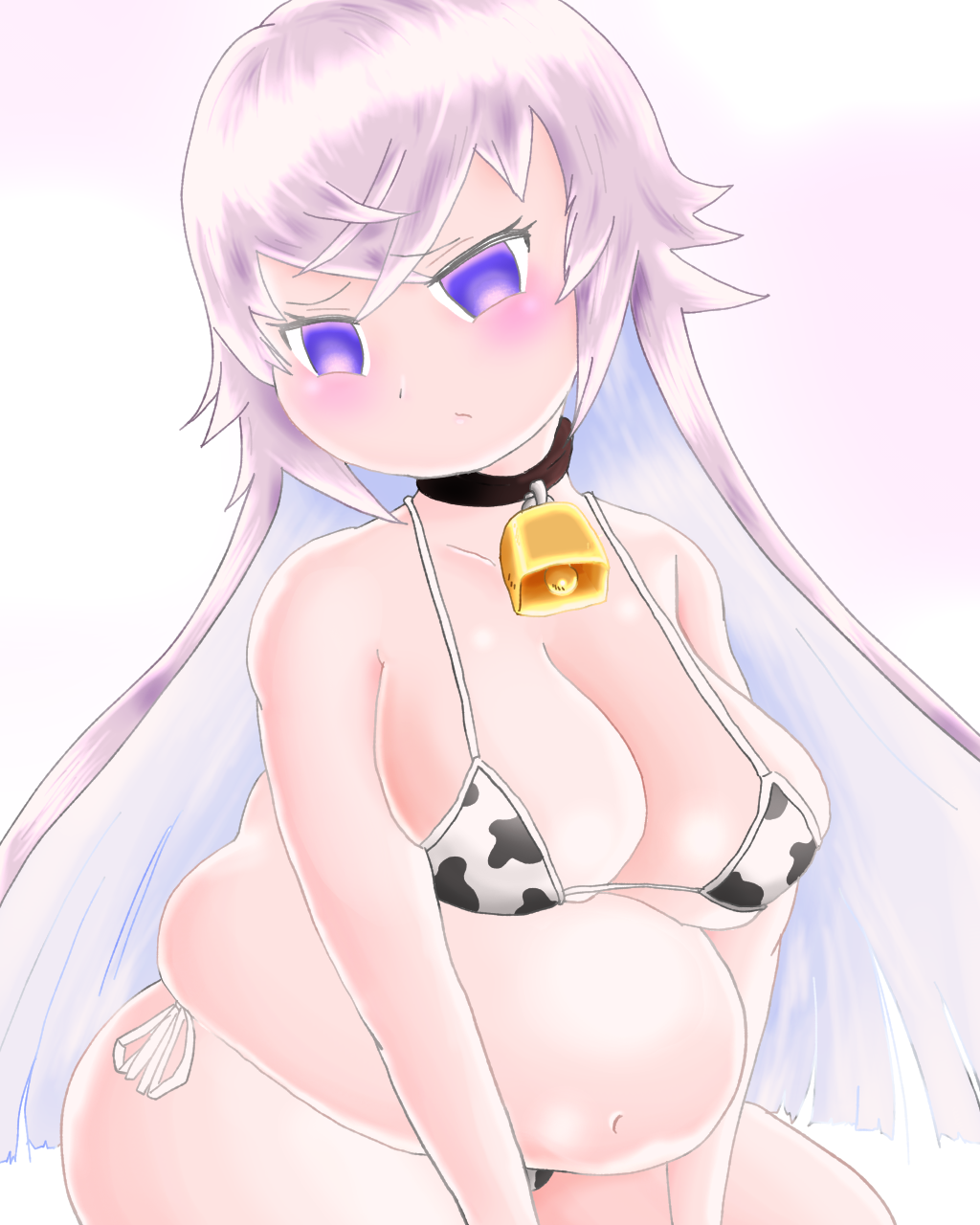 magic mirror (grimms notes), grimms notes, 1girl, breasts, cow print, cow print bikini, fat, heyagomoridebu, large breasts, obese, print bikini, solo, weight gain