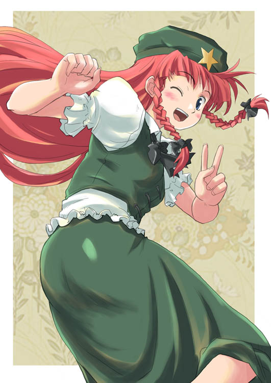 haniwa (leaf garden), hong meiling, embodiment of scarlet devil, touhou, 1girl, blue eyes, blush, blush stickers, bow, braid, china dress, chinese clothes, dress, female focus, frilled sleeves, frills, hair bow, hat, long hair, one eye closed, open mouth, puffy short sleeves, puffy sleeves, red hair, short sleeves, smile, solo, star (symbol), twin braids, v, wink
