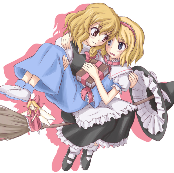 alice margatroid, kirisame marisa, shanghai doll, touhou, 2girls, blonde hair, blue dress, blue eyes, blush, book, broom, broom riding, capelet, carrying, dress, eye contact, female focus, flying, hair ribbon, hairband, hat, hug, looking at another, multiple girls, naughty face, open mouth, princess carry, ribbon, shoes, short hair, shy, smile, tress ribbon, witch, witch hat, yellow eyes, yuri