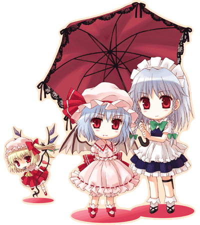 sato-pon, flandre scarlet, izayoi sakuya, remilia scarlet, embodiment of scarlet devil, touhou, silver hair, lowres, 3girls, bat wings, blonde hair, bonnet, bow, braid, chibi, chibi only, female focus, frilled umbrella, frills, hat, holding, holding umbrella, maid, maid headdress, mob cap, multiple girls, parasol, red eyes, ribbon, siblings, sisters, thigh strap, transparent background, twin braids, umbrella, wings
