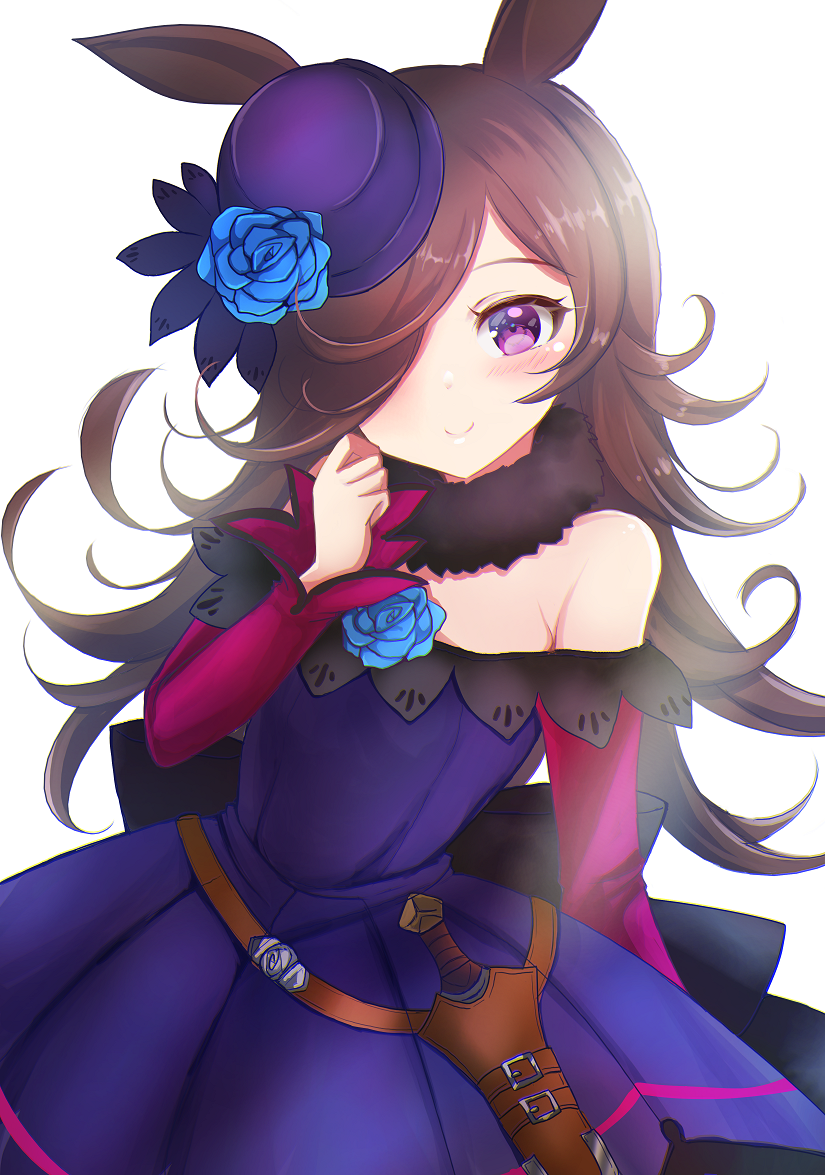 terimuku, rice shower (umamusume), umamusume, commentary request, 1girl, animal ears, back bow, black bow, blue flower, blue rose, blush, bow, brown hair, closed mouth, dagger, dress, flower, hair over one eye, hand up, hat, hat flower, horse ears, knife, long hair, long sleeves, looking at viewer, off-shoulder dress, off shoulder, pleated dress, purple dress, purple eyes, purple hat, rose, sheath, sheathed, simple background, smile, solo, tilted headwear, very long hair, weapon, white background