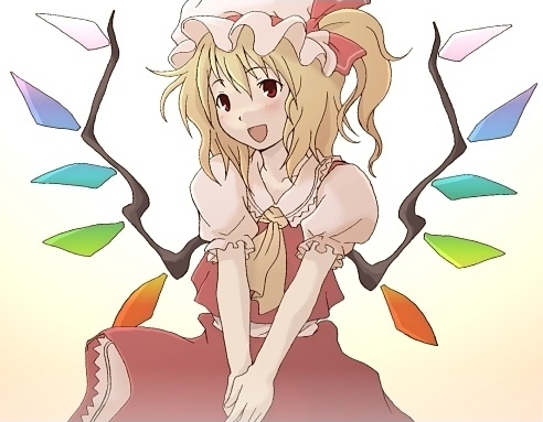 sakura (medilore), flandre scarlet, touhou, lowres, 1girl, :d, ascot, blonde hair, blouse, blush, female focus, hat, hat ribbon, mob cap, open mouth, red eyes, ribbon, shirt, short hair, side ponytail, skirt, smile, solo, v arms, vest, wings