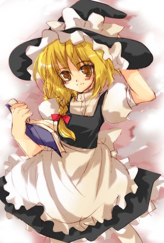 tsukamichi fumi, kirisame marisa, touhou, 1girl, blonde hair, book, braid, dress, female focus, gradient background, hair ribbon, hand on headwear, hat, ribbon, solo, witch, witch hat, yellow eyes
