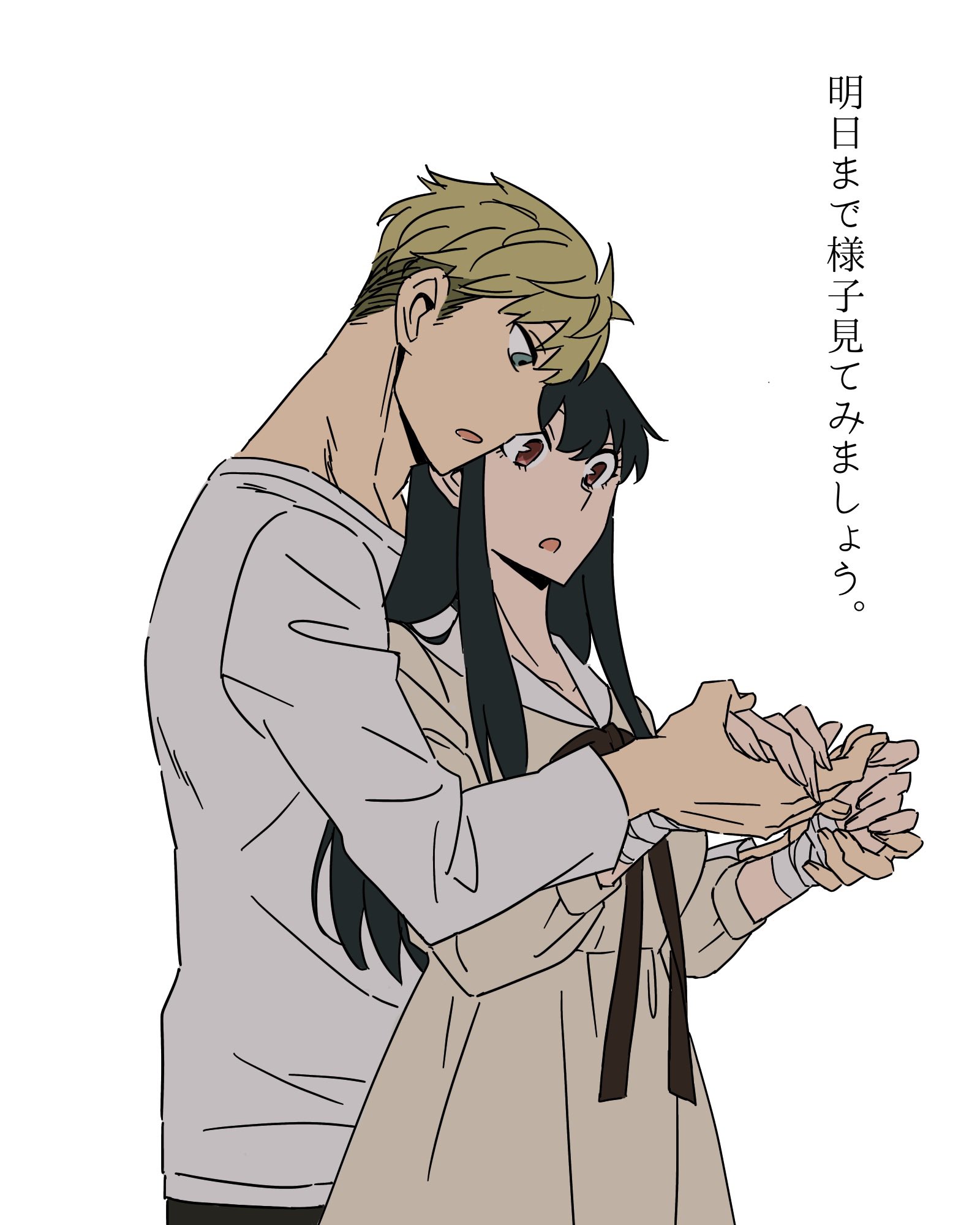 ayamame, twilight (spy x family), yor briar, spy x family, highres, 1boy, 1girl, bandaged hand, bandages, black hair, black pants, blonde hair, blue eyes, breasts, couple, dress, hetero, holding hands, long hair, medium breasts, pants, parted lips, red eyes, shirt, short hair, sidelocks, upper body, white background, white shirt, yellow dress