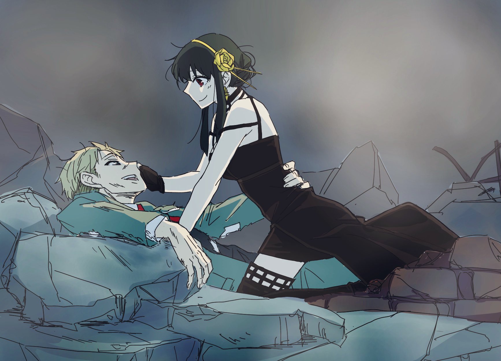 ayamame, twilight (spy x family), yor briar, spy x family, highres, 1boy, 1girl, arm around waist, bare shoulders, black boots, black dress, black hair, blonde hair, boots, breasts, closed mouth, collared shirt, couple, debris, dirty, dirty clothes, dirty face, dress, earrings, feet out of frame, flower, gold earrings, gold hairband, green jacket, green pants, hair flower, hair ornament, hair stick, hairband, hand on another's cheek, hand on another's face, hetero, high-low dress, jacket, jewelry, long hair, looking at another, medium breasts, messy hair, necktie, open mouth, pants, red eyes, red necktie, shirt, short hair, smile, suit jacket, thigh boots, updo, vest, waistcoat, white shirt