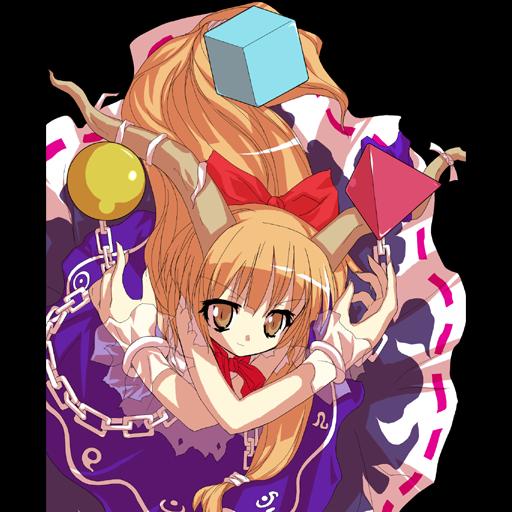alphes, ibuki suika, scarlet weather rhapsody, touhou, jpeg artifacts, official art, 1girl, bad anatomy, black background, chain, cube, female focus, horns, long hair, oni, orange hair, orb, pillarboxed, pyramid (structure), ribbon, simple background, smile, solo, tetrahedron, x arms, yellow eyes
