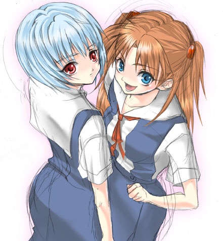 takasuna akira, ayanami rei, souryuu asuka langley, neon genesis evangelion, lowres, 2girls, multiple girls, school uniform, serafuku, tokyo-3 middle school uniform