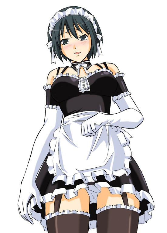toshibou (satsukisou), sawatari izumi, kore ga watashi no goshujin-sama, 00s, 1girl, apron, arm garter, bare shoulders, black thighhighs, blush, bonnet, choker, cowboy shot, detached collar, dress, elbow gloves, facing viewer, female focus, frilled thighhighs, frills, garter belt, garter straps, gloves, looking at viewer, maid, maid apron, maid headdress, nakabayashi yoshitaka's maid uniform, panties, pantyshot, short hair, simple background, solo, standing, thighhighs, underwear, upskirt, white background, white gloves, white panties, zettai ryouiki