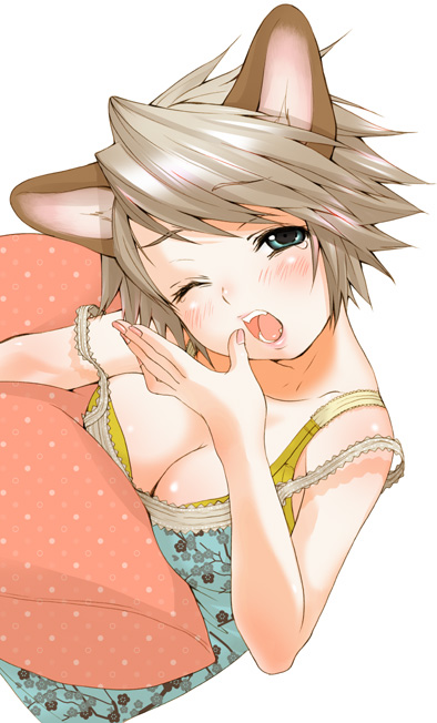 inuburo, original, copyright request, 1girl, animal ears, blue eyes, blush, bra, breasts, brown hair, camisole, cat ears, cleavage, dog ears, fangs, female focus, large breasts, lingerie, one eye closed, pillow, short hair, solo, underwear, wink, yawning