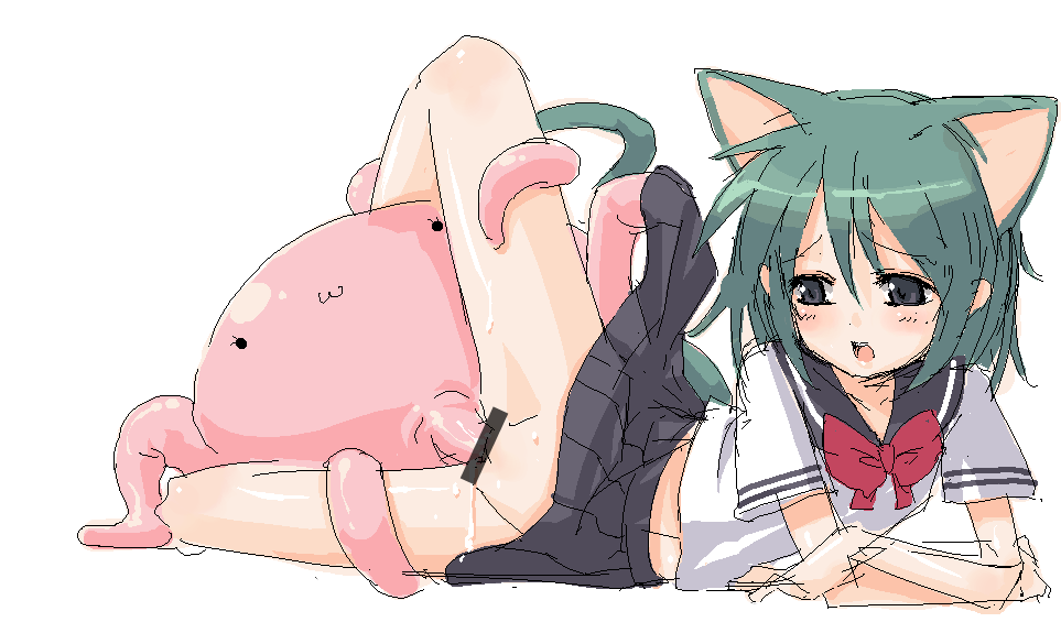 onija tarou, original, 1girl, :3, animal ears, bar censor, black eyes, blush, cat ears, cat girl, censored, clothes lift, cum, cum in pussy, full body, green hair, hair between eyes, jaggy lines, loli, lying, midriff peek, no panties, octopus, oekaki, on side, pussy, school uniform, serafuku, short sleeves, simple background, sketch, skirt, skirt lift, solo focus, spread legs, sweat, tentacle sex, tentacles, vaginal, white background
