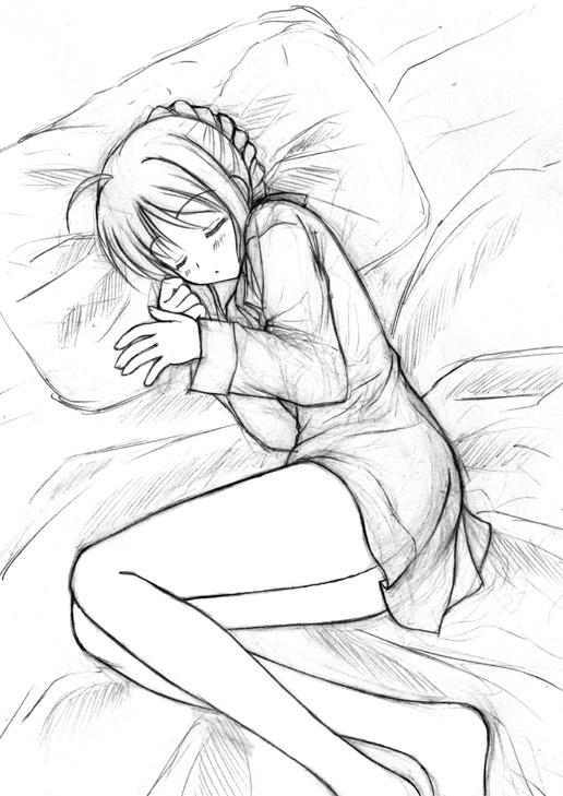 artoria pendragon (fate), saber (fate), fate/stay night, fate (series), pen (medium), traditional media, 00s, ahoge, bed, braid, braided bun, closed eyes, closed mouth, dot mouth, greyscale, hair bun, head on pillow, monochrome, pillow, sleeping, solo