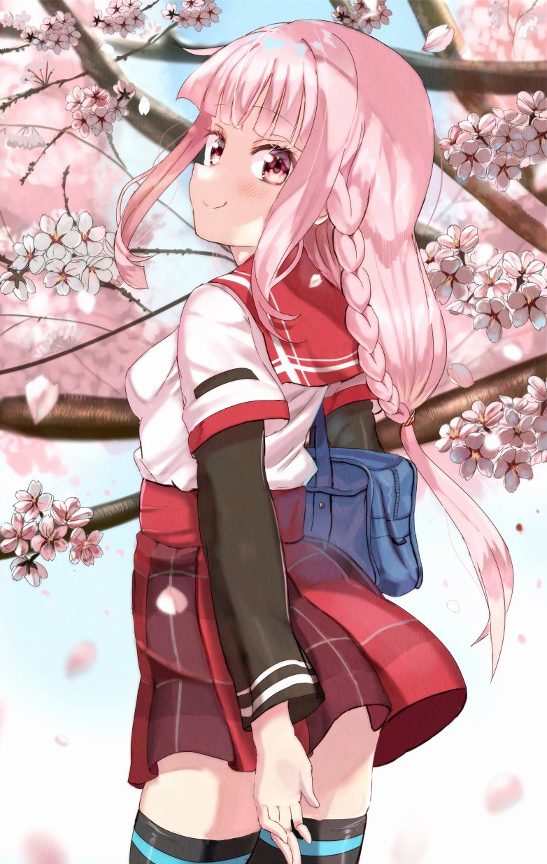 hitoshi suda, tamaki iroha, magia record: mahou shoujo madoka magica gaiden, mahou shoujo madoka magica, highres, 1girl, back, bag, blush, braid, breasts, cherry blossoms, day, falling petals, feet out of frame, kamihama university affiliated school uniform, long hair, looking at viewer, looking back, medium breasts, outdoors, petals, pink eyes, pink hair, red skirt, school bag, school uniform, shirt, skirt, smile, standing, thighhighs, white shirt