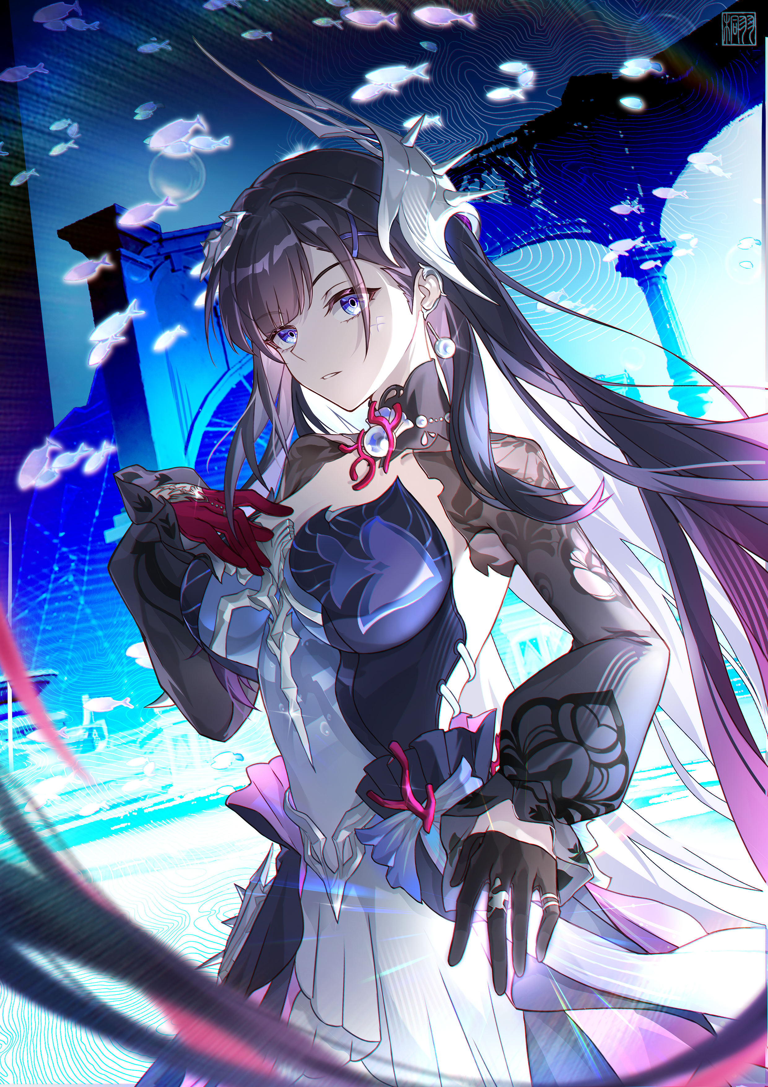 tongyu, hysilens (honkai: star rail), honkai: star rail, honkai (series), absurdres, commentary, highres, 1girl, air bubble, artist logo, asymmetrical gloves, black gloves, black hair, blue background, blue eyes, breasts, bubble, cleavage, dress, dutch angle, earrings, fish, floating hair, gloves, gradient background, hair ornament, hand up, jewelry, large breasts, lens flare, logo, long hair, long sleeves, looking ahead, mismatched gloves, multicolored dress, necklace, parted lips, pearl earrings, pearl necklace, pillar, print sleeves, purple dress, red gloves, shrug (clothing), solo, structure, underwater, very long hair, x hair ornament
