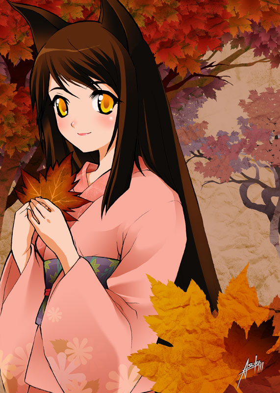 patipat asavasena, original, 1girl, animal ears, blush, brown hair, cat ears, cat girl, female focus, japanese clothes, kimono, leaf, long hair, obi, orange eyes, sash, smile, solo
