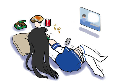 nac (nac na kobeya), xp-tan, os-tan, 1girl, black hair, controller, eating, female focus, female masturbation, floating screen, long hair, lying, masturbation, panties, panty pull, pillow, remote control, shirt, skirt, solo, television, thighhighs, underwear, white panties, white thighhighs