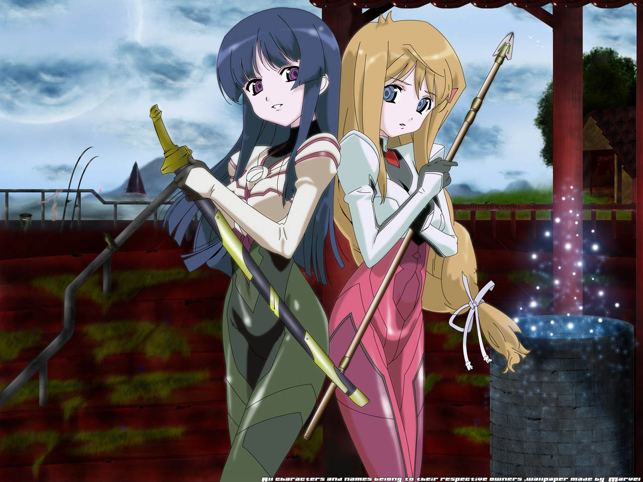 shiba, hiiragi akao, shiva (jinki), jinki, pilot suit, 00s, 1girl, back-to-back, blue eyes, blue hair, bodysuit, brown hair, female focus, hime cut, long hair, matching hair/eyes, polearm, ponytail, purple eyes, smile, solo, spear, sword, very long hair, weapon
