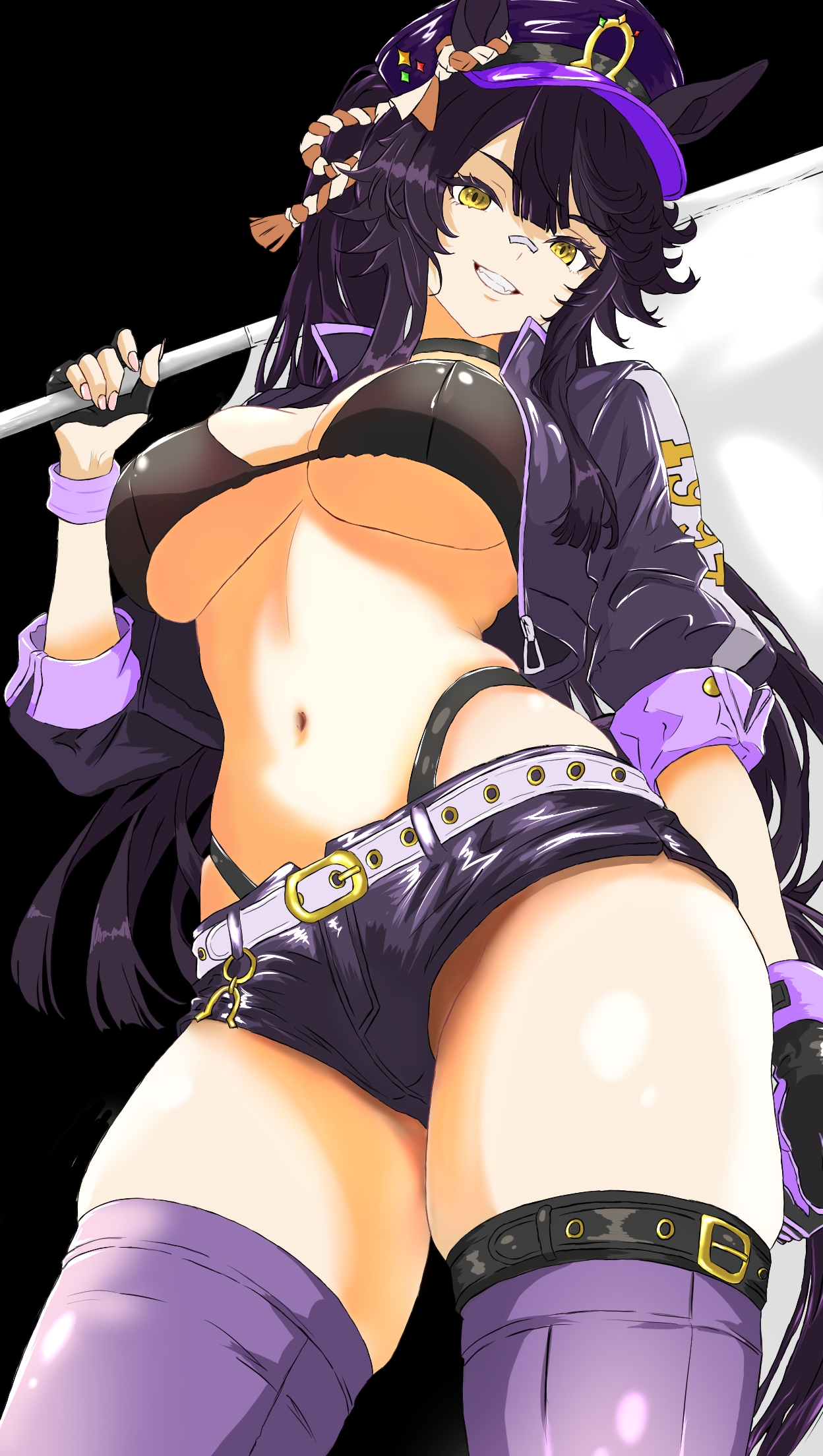 judgement (garogold7), narita brian (umamusume), umamusume, commentary request, highres, 1girl, alternate costume, animal ears, bandaid, bandaid on face, bandaid on nose, belt, bikini, black bikini, black choker, black hair, black hat, breasts, choker, cleavage, cowboy shot, cropped jacket, ear ornament, flagpole, grin, hair between eyes, hat, holding, holding pole, horse ears, horse girl, horse tail, jacket, large breasts, leather, leather jacket, long hair, navel, open clothes, open jacket, peaked cap, pole, purple thighhighs, race queen, rope, shimenawa, smile, solo, stomach, swimsuit, tail, thighhighs, very long hair, white belt