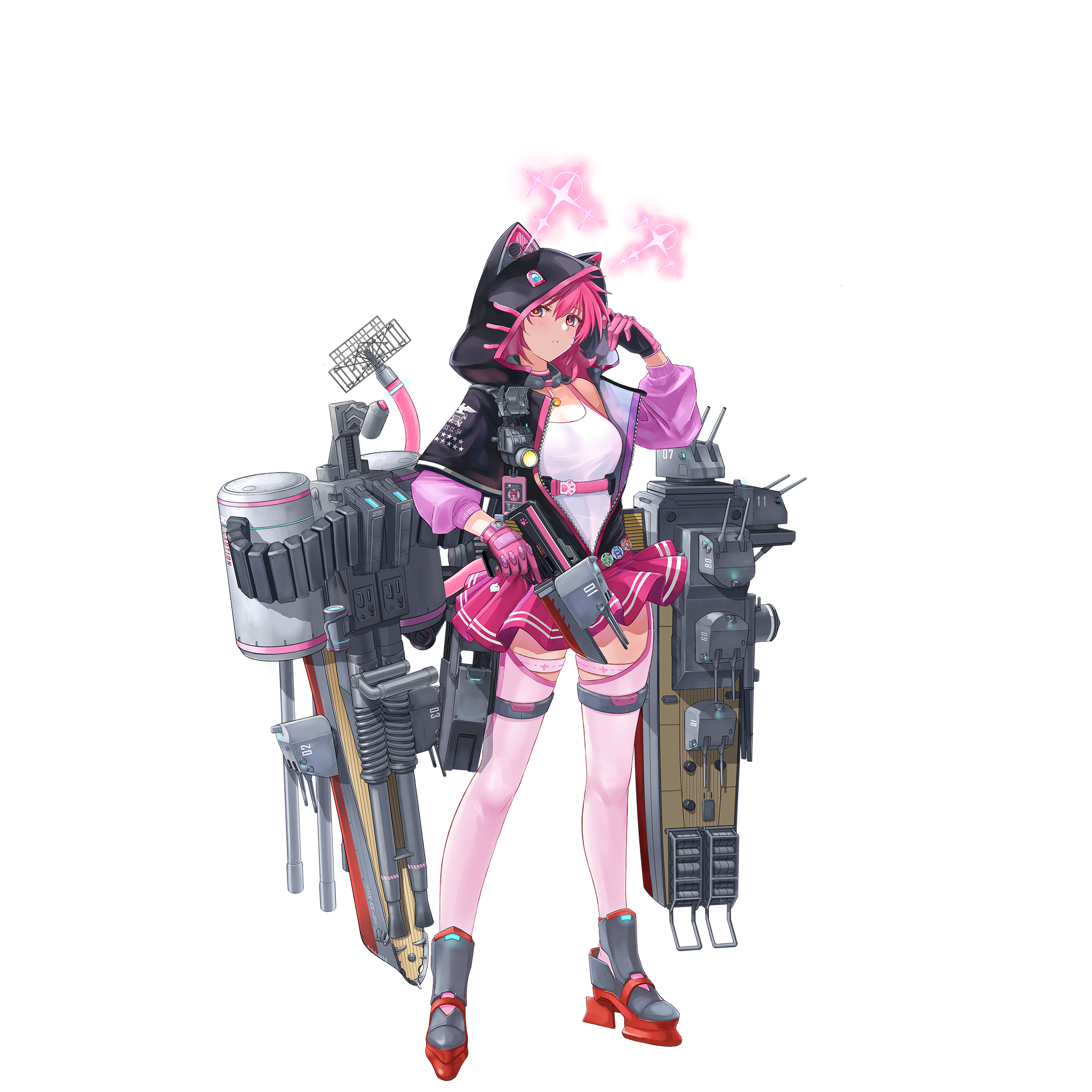 san juan (warship girls r), warship girls r, artist request, highres, official art, animal ears, anti-aircraft, anti-aircraft gun, autocannon, black gloves, black jacket, bofors 40 mm gun, breasts, cannon, cat ears, cat tail, depth charge, full body, gloves, jacket, looking at viewer, partially unzipped, pink gloves, pink hair, pink skirt, pink thighhighs, red eyes, rigging, skirt, tail, tank top, thighhighs, transparent background, trigger discipline, two-tone gloves, white tank top