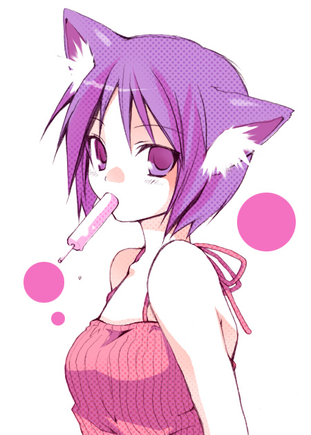 kubyou azami, original, 1girl, animal ears, bare shoulders, camisole, cat ears, cat girl, female focus, food, looking at viewer, mouth hold, popsicle, profile, purple eyes, purple hair, short hair, solo, upper body