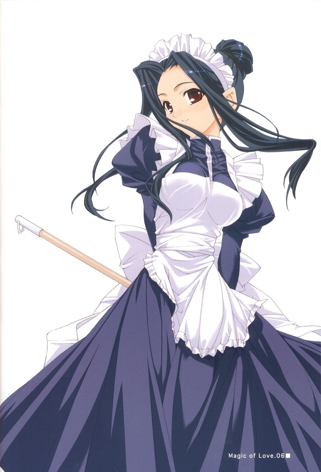 murakami suigun, jiiya, sister princess, highres, jpeg artifacts, scan, scan artifacts, 00s, 1girl, blue hair, bonnet, english text, female focus, green hair, maid, red eyes, solo