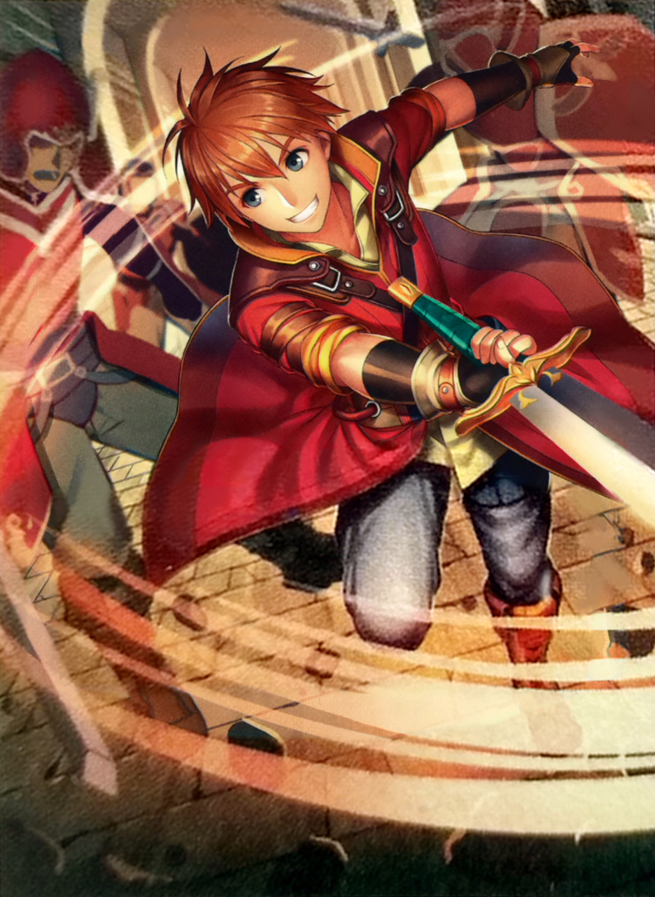 edward (fire emblem), fire emblem, fire emblem: radiant dawn, fire emblem cipher, nintendo, commentary, english commentary, highres, official art, scan, third-party source, 1boy, 3others, armor, blue eyes, brown hair, coat, grin, helmet, holding, holding sword, holding weapon, male focus, multiple others, red armor, red coat, short hair, smile, solo focus, sword, voco, weapon