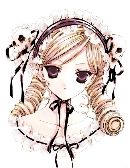 nanase aoi, maris, maris mischa, petit monster, md5 mismatch, 1girl, :o, blonde hair, bonnet, chin strap, female focus, frills, hair ornament, hairband, lolita fashion, lolita hairband, long hair, looking at viewer, portrait, purple eyes, ribbon-trimmed clothes, ribbon trim, ringlets, simple background, skull, skull hair ornament, solo, white background