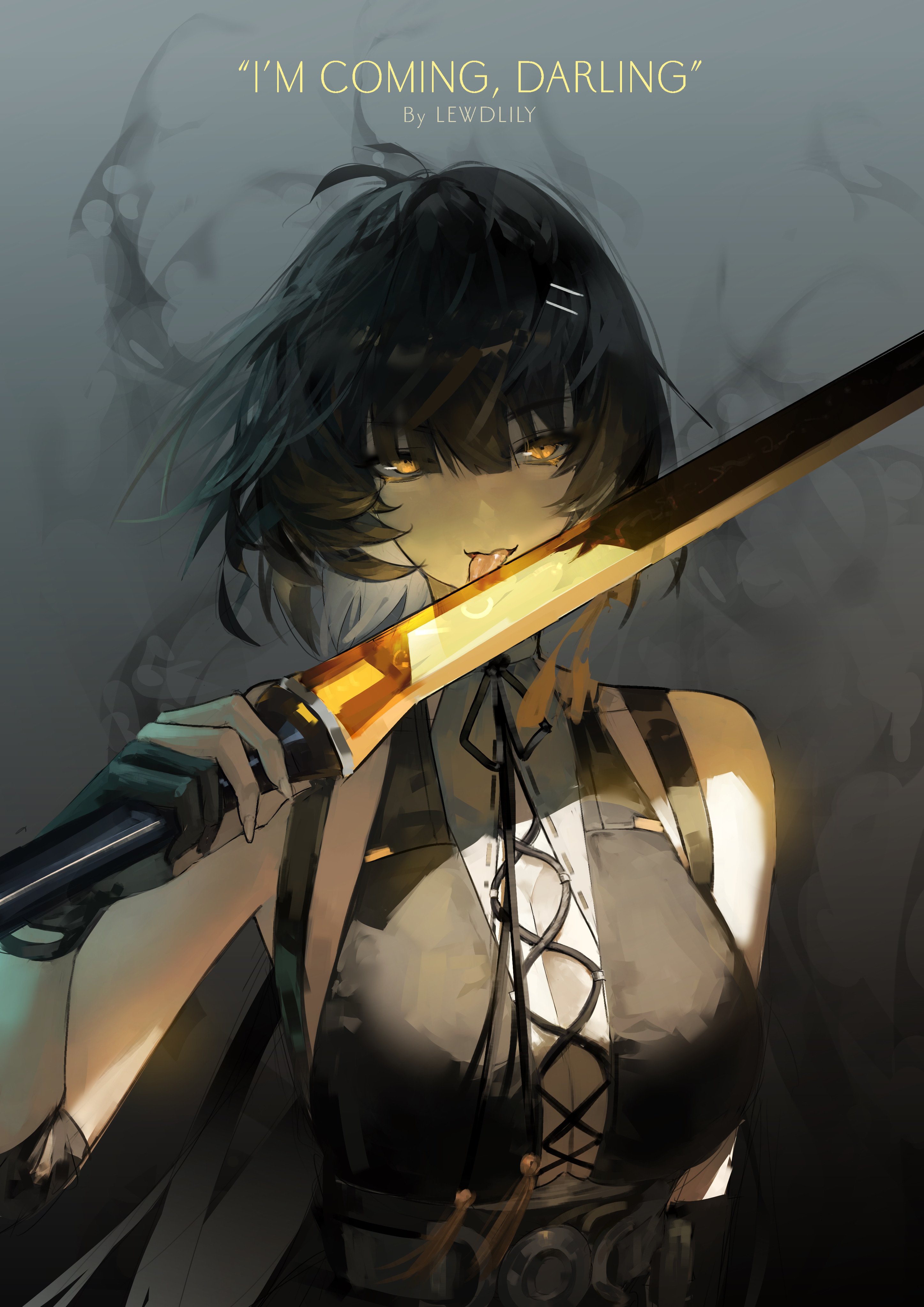 lewdlily66, female rover (wuthering waves), rover (wuthering waves), wuthering waves, absurdres, commentary, highres, 1girl, artist name, bare shoulders, black gloves, black hair, breasts, colored inner hair, cross-laced clothes, cross-laced top, english text, gloves, hair ribbon, holding, holding sword, holding weapon, large breasts, licking, licking weapon, looking at viewer, multicolored hair, partially fingerless gloves, ribbon, solo, sword, upper body, weapon, white hair, yellow eyes, yellow ribbon