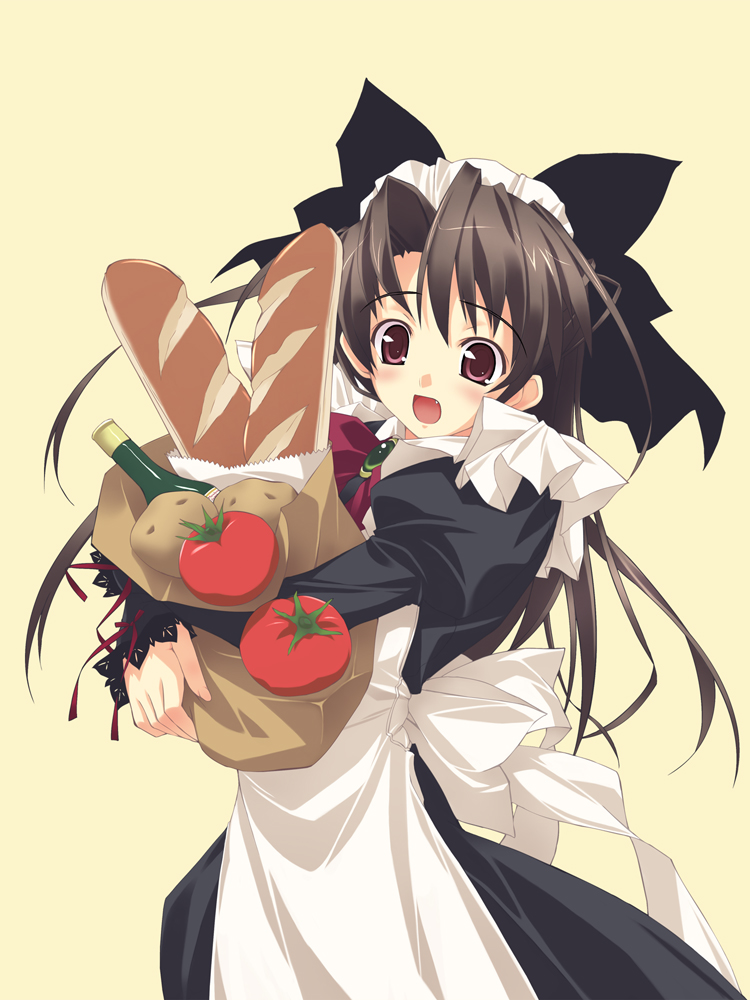 murakami suigun, 1girl, apron, bag, baguette, black dress, black hair, blush, bottle, bread, brooch, brown hair, dress, fang, female focus, food, groceries, hair ribbon, jewelry, juliet sleeves, long hair, long sleeves, maid, maid apron, maid headdress, open mouth, paper bag, parted bangs, potato, puffy sleeves, purple eyes, red eyes, ribbon, simple background, solo, tomato, yellow background