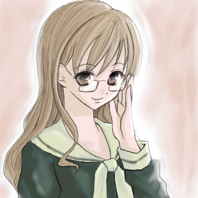 toudou shimako, maria-sama ga miteru, lowres, 00s, 1girl, adjusting eyewear, bespectacled, blonde hair, female focus, glasses, oekaki, pink background, solo