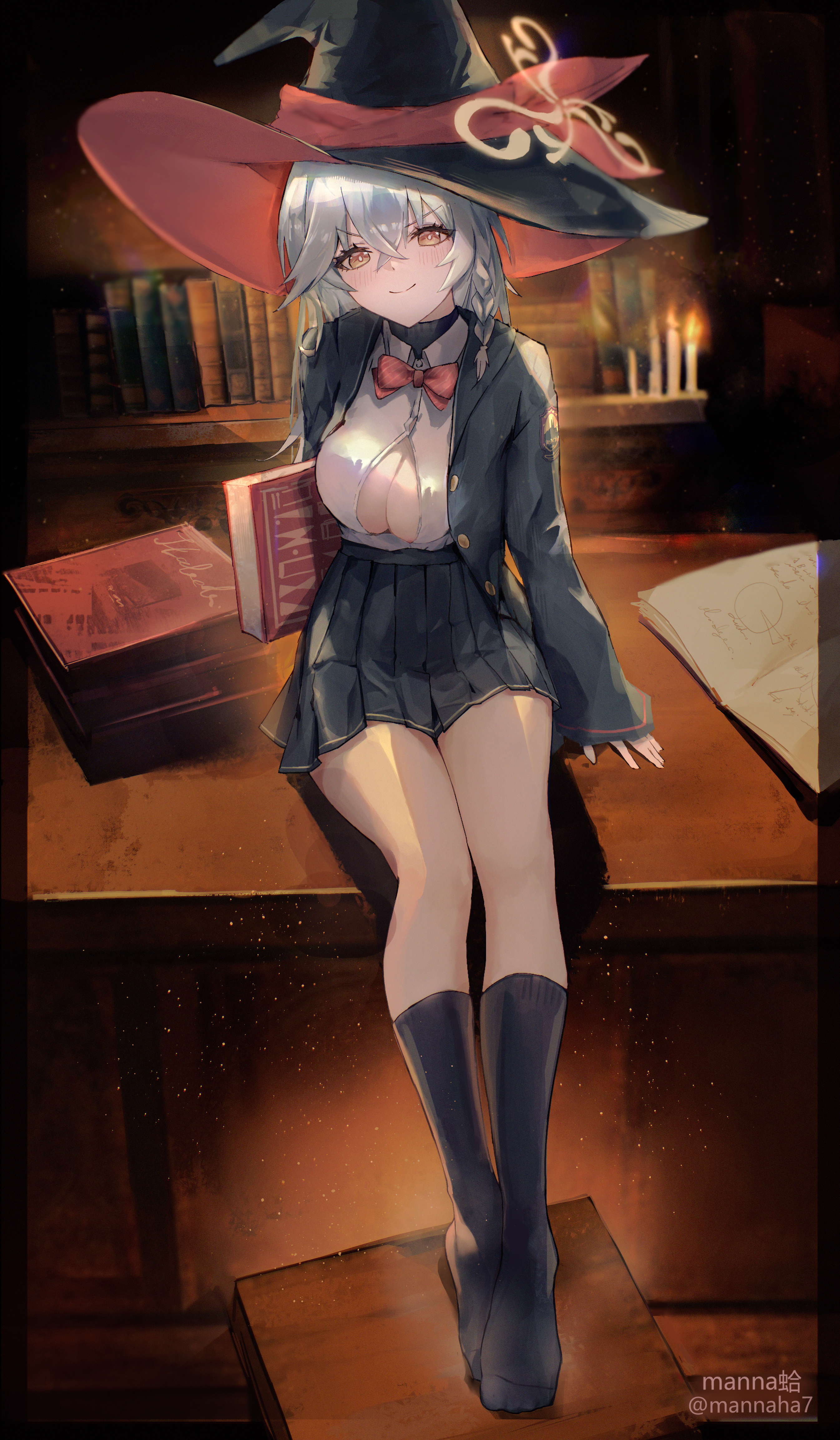 mannaha7, eri (blue archive), blue archive, ankle socks, book, bookshelf, bow, bowtie, braid, breasts, candle, cleavage, halo, hat, jacket, long coat, long hair, on table, open book, orange eyes, panties, partially unbuttoned, particles, room, shirt, skirt, smile, socks, stool, sweater, table, underwear, upskirt, white hair, witch hat