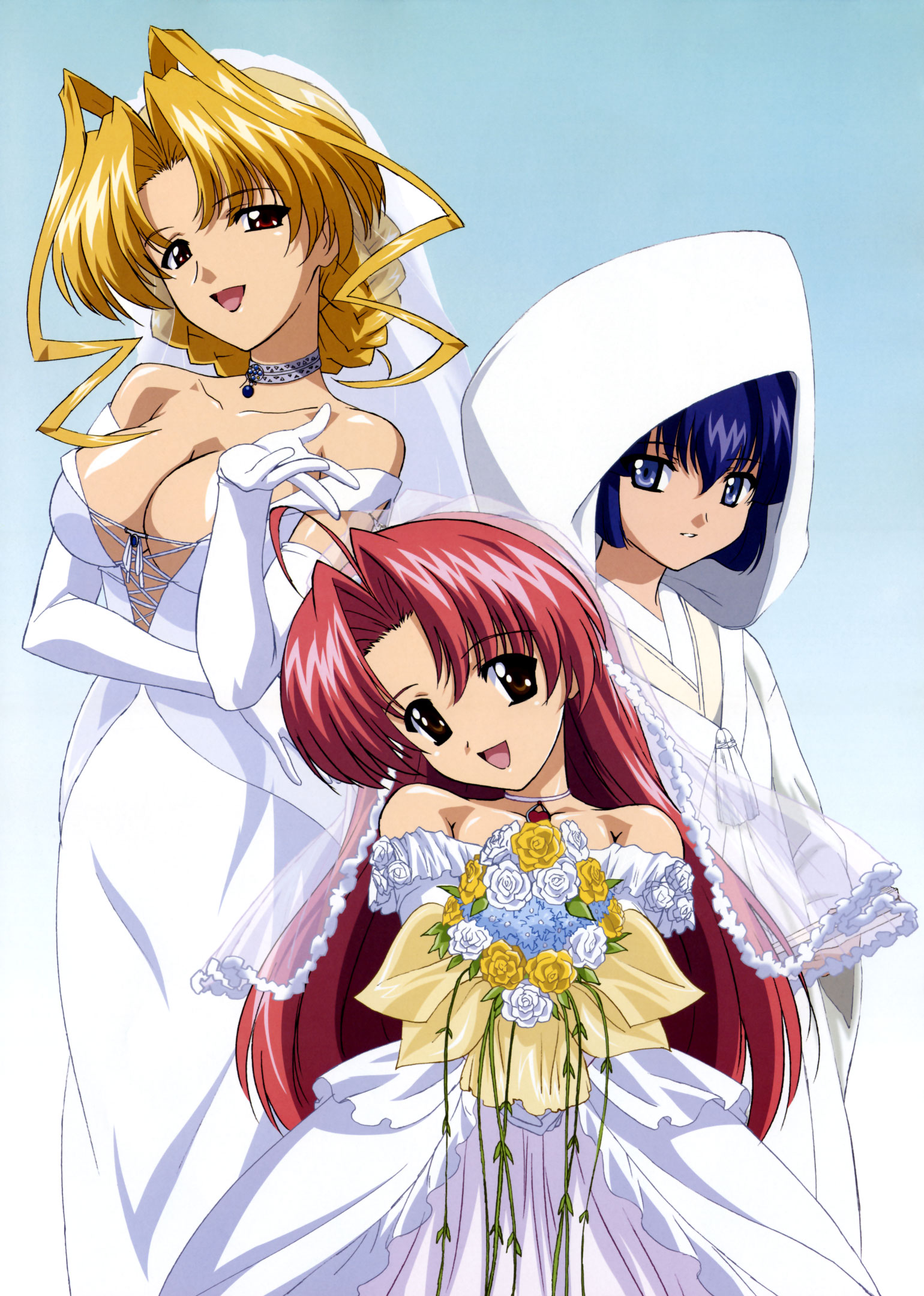 kamishiro rin, kazetsubaki kuriko, miyama yuuna, maburaho, highres, scan, 00s, 3girls, bride, dress, japanese clothes, kimono, multiple girls, uchikake, wedding dress