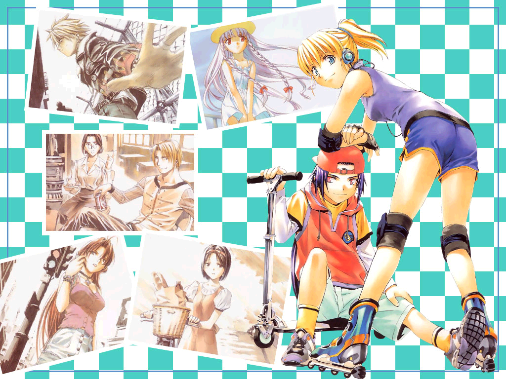 moriyama daisuke, azmaria hendric, chrono, ewan remington, fiore, kate valentine, rosette christopher, satella harvenheit, chrno crusade, kadokawa shoten, vehicle, official art, official wallpaper, 3boys, 5girls, antenna hair, backwards hat, baseball cap, basket, belt, bent over, bicycle, black hair, blonde hair, blouse, blue eyes, bracelet, braid, camisole, can, casual, chair, checkered background, choker, cross, denim, dress, earphones, elbow pads, everyone, from behind, glasses, groceries, hair ribbon, hat, hood, hoodie, inline skates, jacket, jeans, jewelry, knee pads, leather, leather jacket, long hair, looking back, motor vehicle, multiple boys, multiple girls, necklace, pants, pince-nez, pink eyes, ponytail, purple hair, red eyes, red hair, ribbon, ring, roller skates, scooter, shirt, shoes, short hair, short shorts, shorts, sitting, skates, skirt, sleeveless, sleeveless shirt, smile, sneakers, socks, spiked hair, studded belt, sundress, table, tress ribbon, twin braids, very long hair, white hair, wind