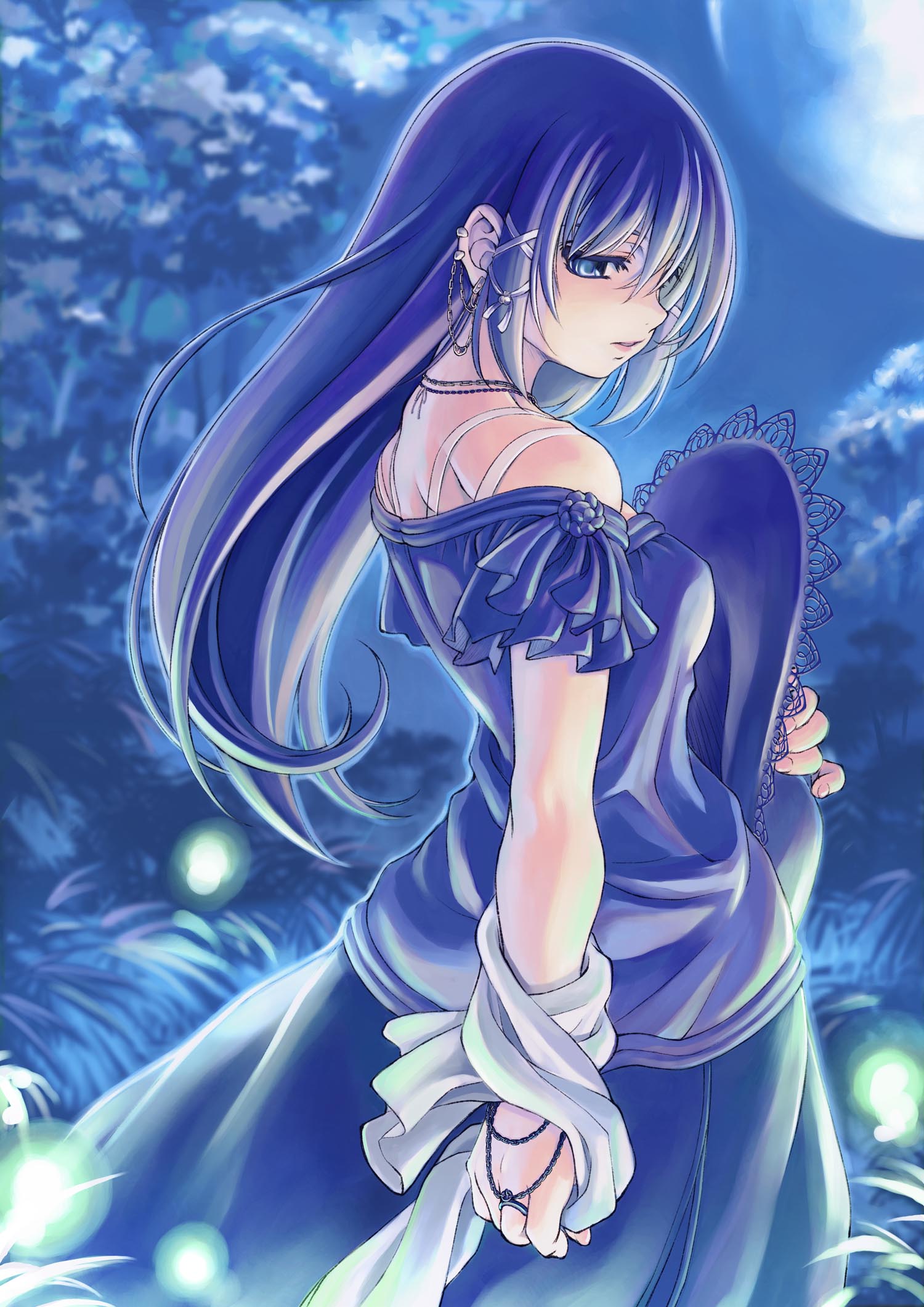 mil (xration), highres, non-web source, blue eyes, blue hair, ear piercing, earrings, hat, holding, holding unworn clothes, holding unworn hat, jewelry, piercing, solo, unworn hat, unworn headwear