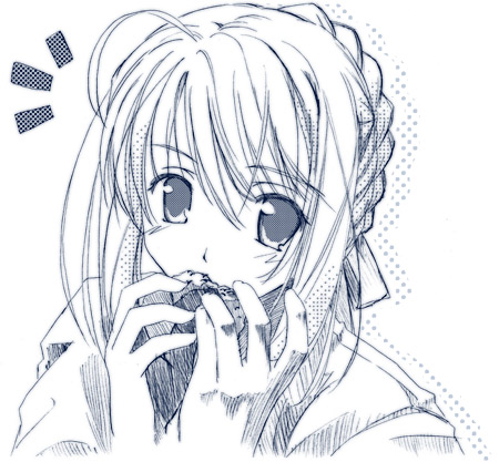 fujitsuki, artoria pendragon (fate), saber (fate), fate/stay night, fate (series), lowres, 00s, 1girl, ^^^, ahoge, blue theme, eating, female focus, monochrome, ribbon, solo, upper body, white background