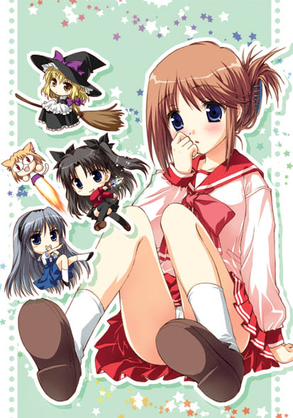 sato-pon, kirisame marisa, komaki manaka, neco-arc, sakagami tomoyo, tohsaka rin, clannad, fate/stay night, fate (series), to heart (series), to heart 2, touhou, tsukihime, 00s, 5girls, blonde hair, blush, broom, broom riding, chibi, crossover, folded ponytail, hair ornament, hairclip, hat, mini person, minigirl, multiple girls, sitting, star (symbol), star symbol background, witch hat