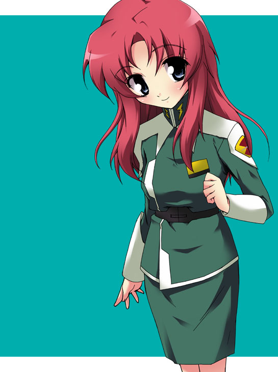 nippori, meyrin hawke, gundam, gundam seed, gundam seed destiny, 00s, 1girl, aqua background, blue eyes, female focus, green skirt, long hair, pencil skirt, red hair, skirt, smile, solo