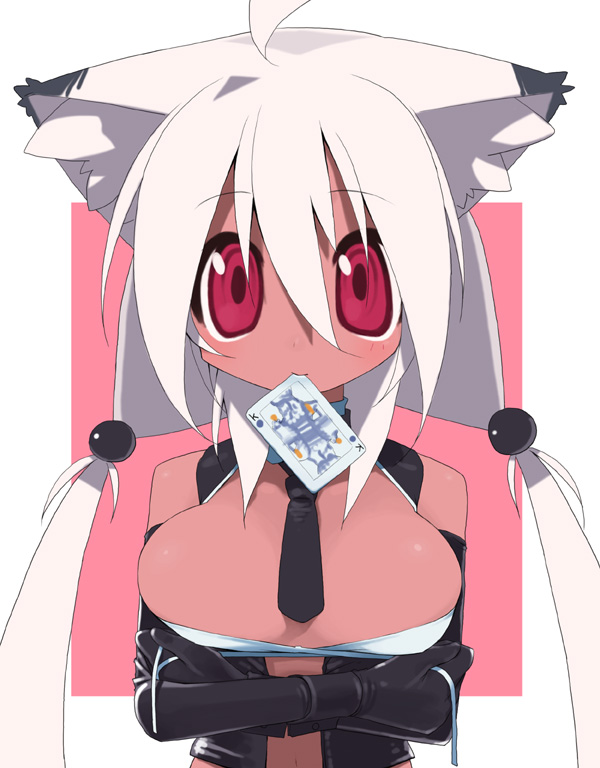 kusaka kokage, kokage-san, original, 1girl, animal ears, breasts, card, cat ears, cat girl, dark-skinned female, dark skin, female focus, long hair, medium breasts, mouth hold, red eyes, solo, white hair