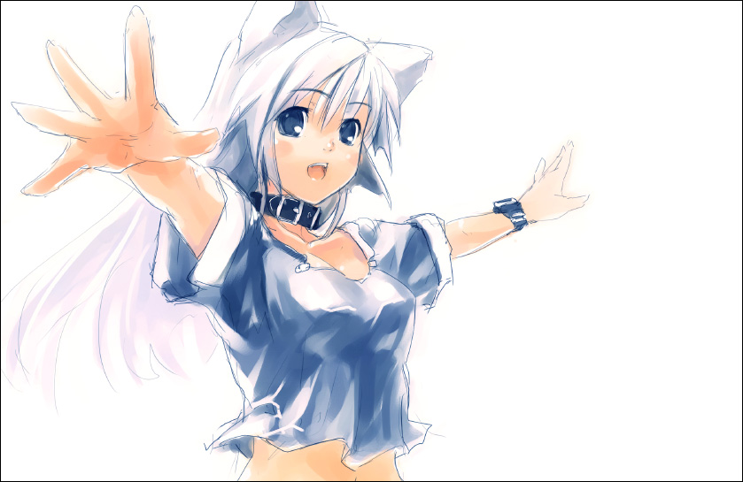 refeia, 1girl, animal ears, blue eyes, border, cat ears, cat girl, collar, female focus, open mouth, outstretched arms, simple background, solo, spread arms, watch, white background, white hair, wristwatch